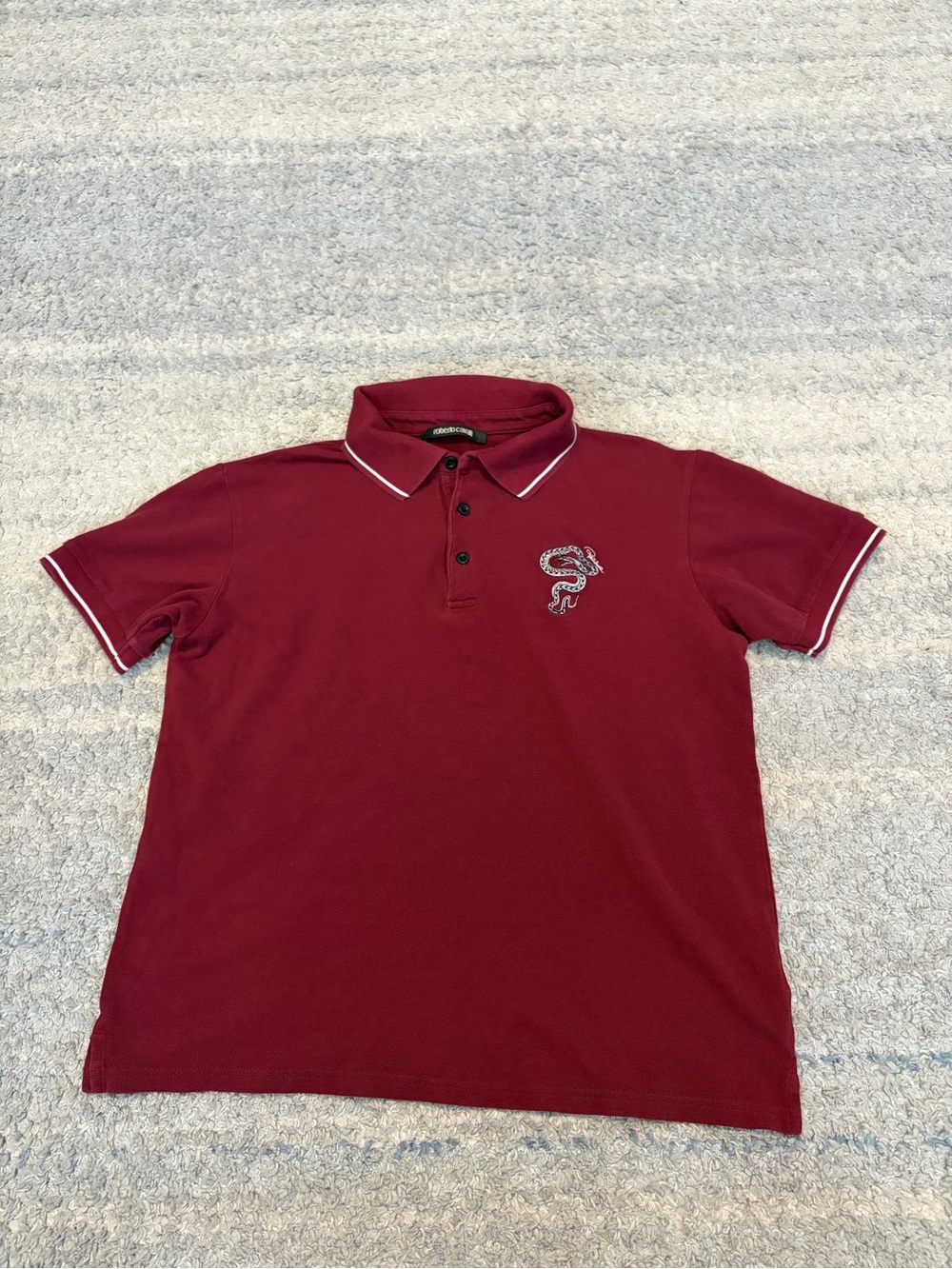 Roberto Cavalli Snake Embroidered Polo Shirt Burgundy Red White Trim Mens M